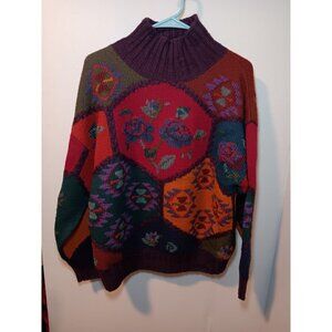 Vintage Cricket One Size Large Wool Colorblock Floral Turtleneck Sweater Boho